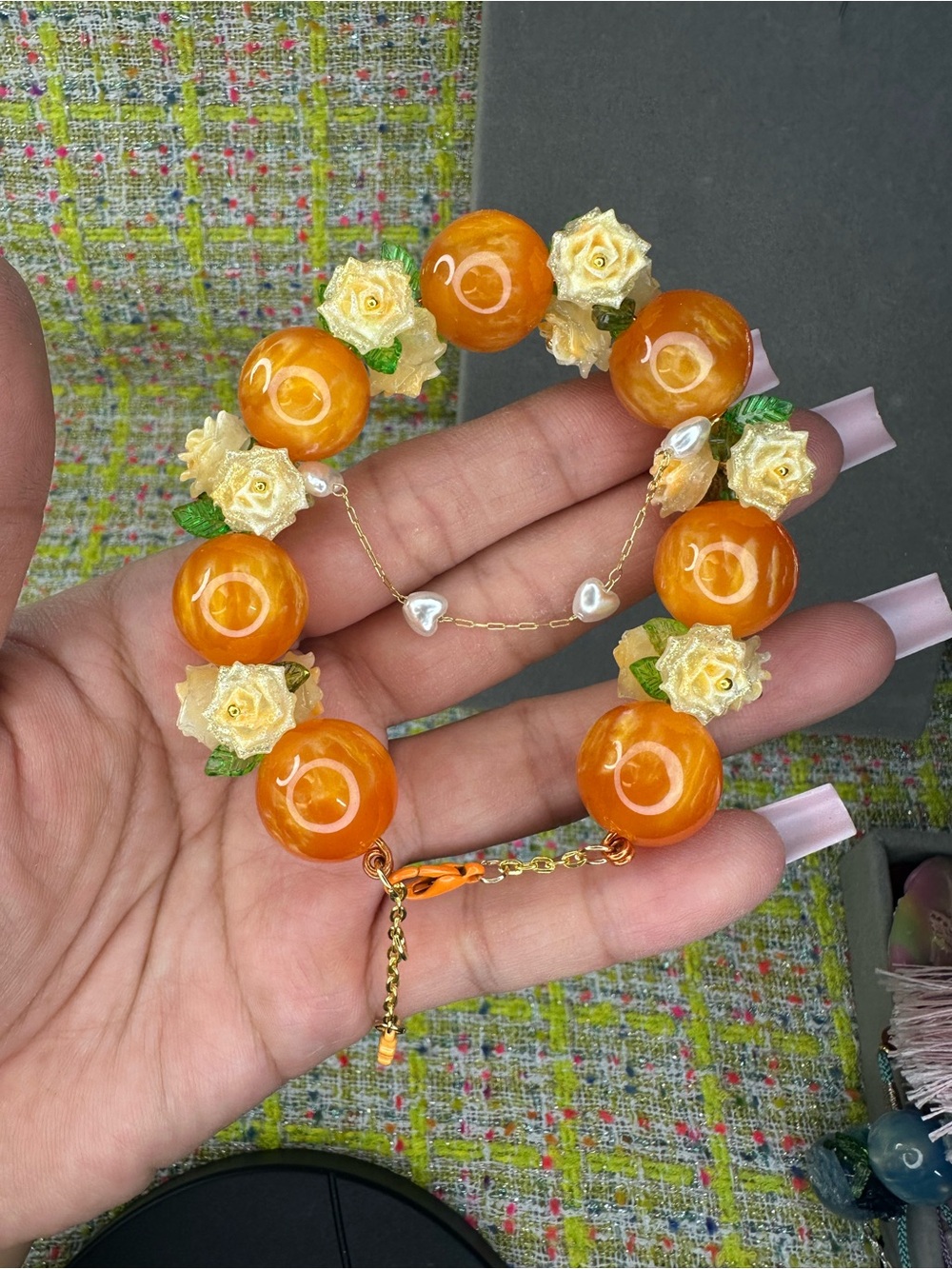 Orange acrylic flower with Coral Beaded Bracelet